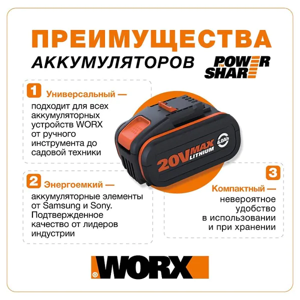 Аккумуляторная пила цепная WORX WG322E , 20В, 25 см, 1*2,0 Ач и ЗУ WG322E