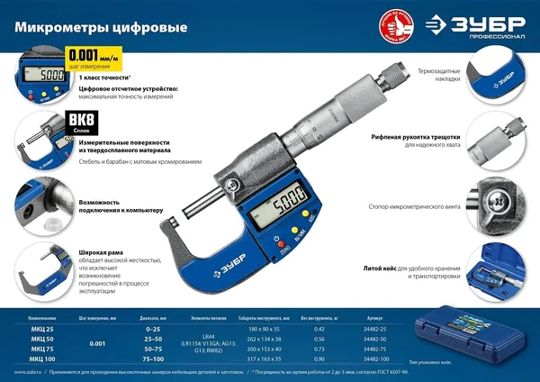 Микрометр Зубр цифровой 25-50мм шаг 0,001мм 34482-50