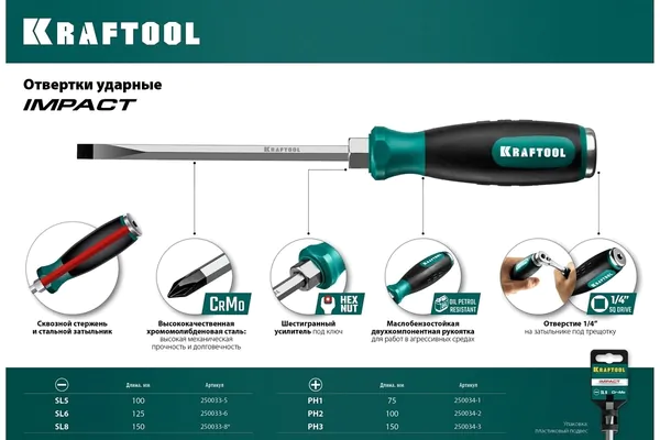 Отвертка ударная Kraftool Impact PH3*150мм 250034-3