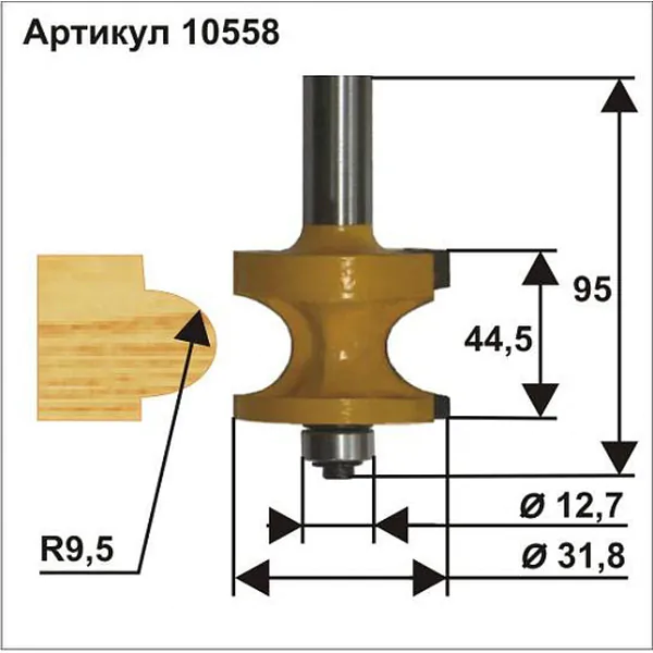 Фреза кромочная полустержневая Энкор 31,8*44,5мм хв.12мм 10558