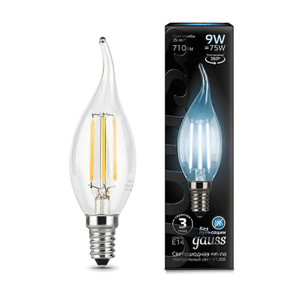 Лампочка Gauss LED 9W 710lm 4100K Filament Свеча на ветру E14 104801209