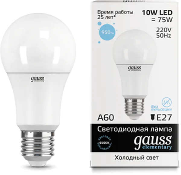 Лампочка Gauss LED 10W E27 950lm 6500K Elementary A60 23230