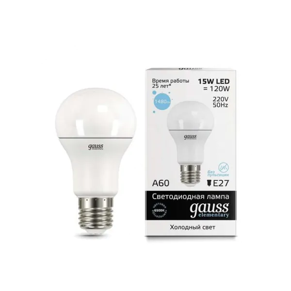 Лампочка Gauss LED 15W E27 1480lm 6500K Elementary A60 23235