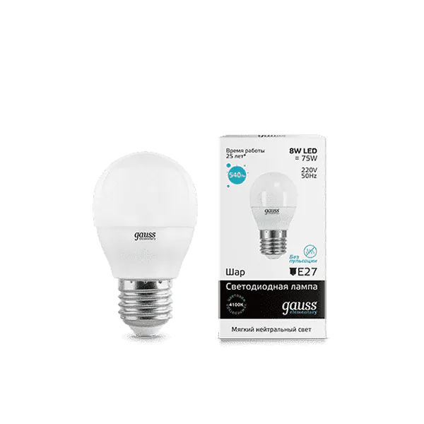 Лампочка Gauss LED 8W E27 540lm 4100K Elementary Шар  53228