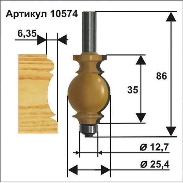 Фреза кромочная фигурная Энкор 25,4*35мм хв.12мм 10574