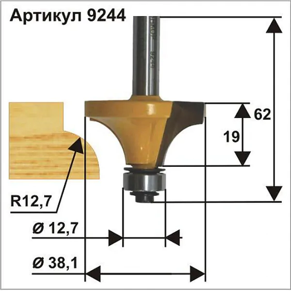 Фреза кромочная калевочная Энкор 38,1*19мм хв.8мм 9244