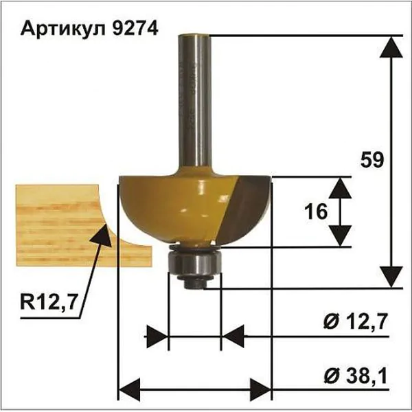 Фреза кромочная калевочная Энкор 38,1*16мм хв.8мм 9274