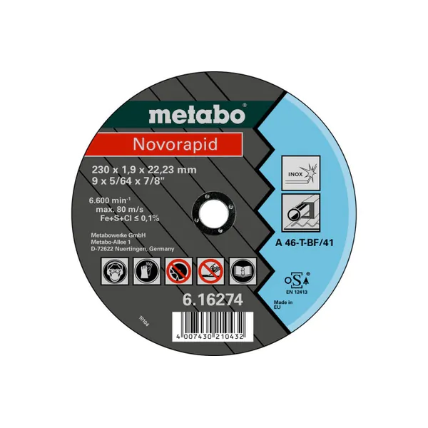 Круг отрезной по нержавеющей стали Metabo Novorapid 230*1,9*22,2мм 616274000