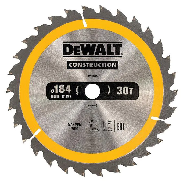 Диск пильный по дереву с гвоздями DeWalt Construction 184/16 30 ATB +10° DT1940-QZ