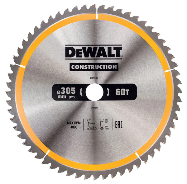 Диск пильный по дереву с гвоздями DeWalt Construct 305/30 60 ATB -5° DT1960-QZ