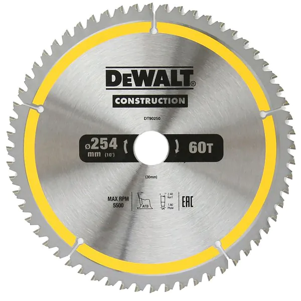 Диск пильный по дереву с гвоздями DeWalt Construction 254/30 60Т ATB+7 DT90250-QZ