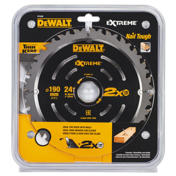 Диск пильный по дереву с гвоздями DeWalt 190*30*24T DT4395-QZ