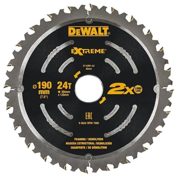 Диск пильный по дереву с гвоздями DeWalt 190*30*24T DT4395-QZ