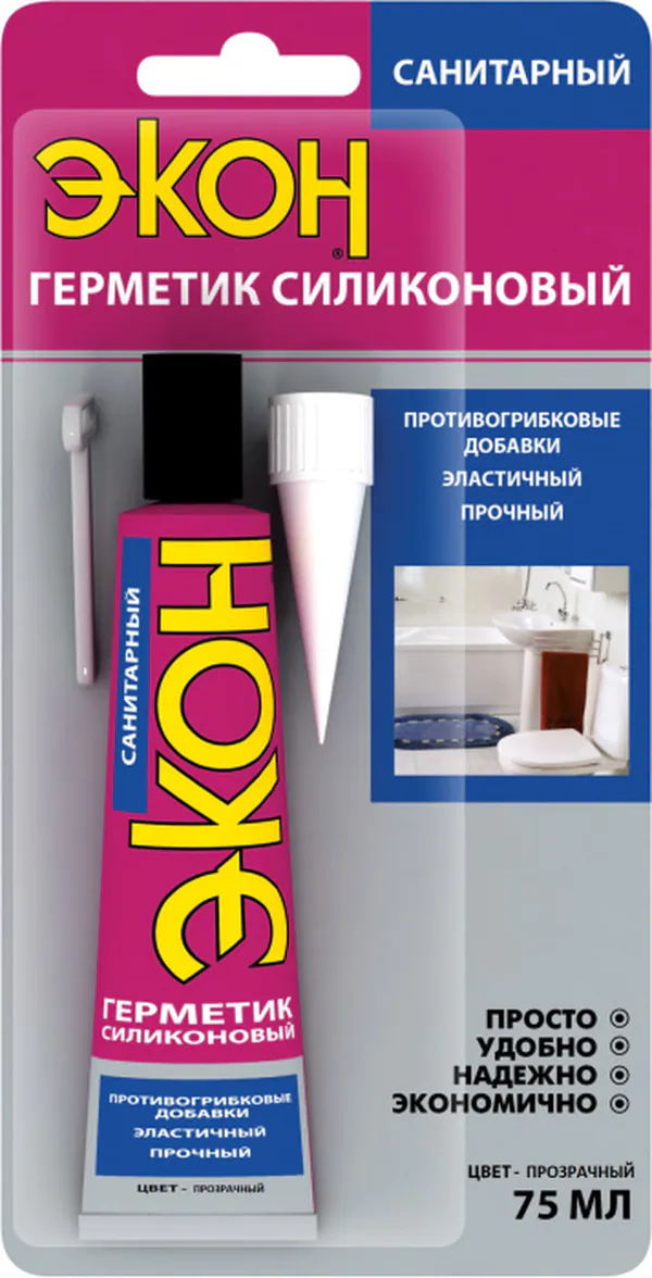 Герметик ЭКОН  силиконовый санитарный прозрачный  ( 75мл;24шт) на БК 1535442