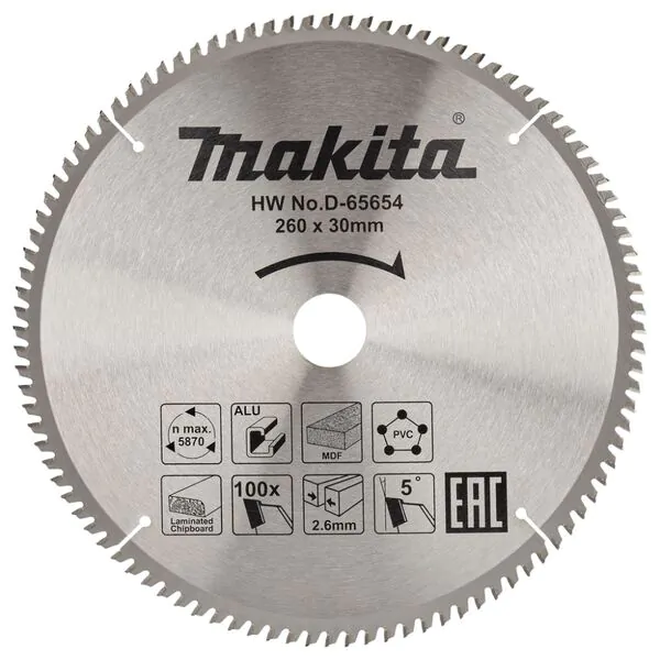 Диск пильный универсальный для алюминия/дерева/пластика Makita 260*30*2.6/1.8*100T D-65654