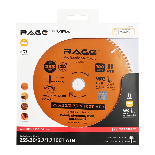 Диск пильный Rage by Vira Clean cut 255*30/20/16*100T 594240