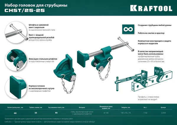 Набор головок для струбцины Kraftool на профиль 25*50мм 32304