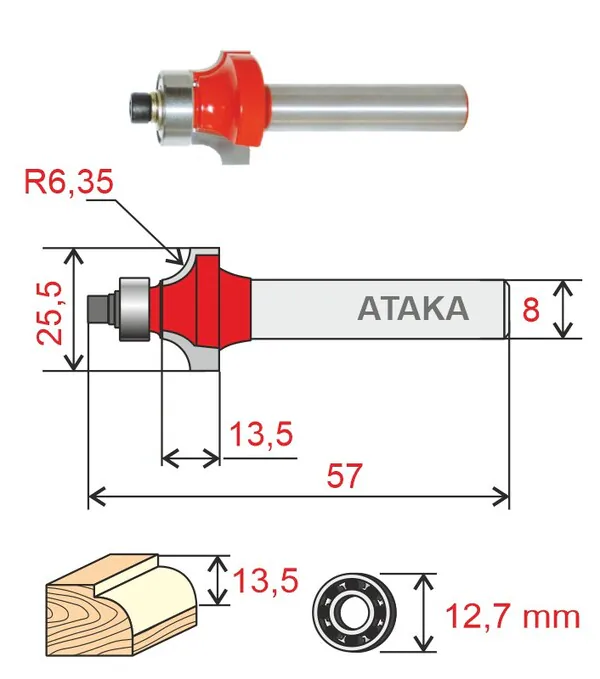 Фреза кромочная калевочная Ataka D25,5/ф8/H13,5 591255 38174