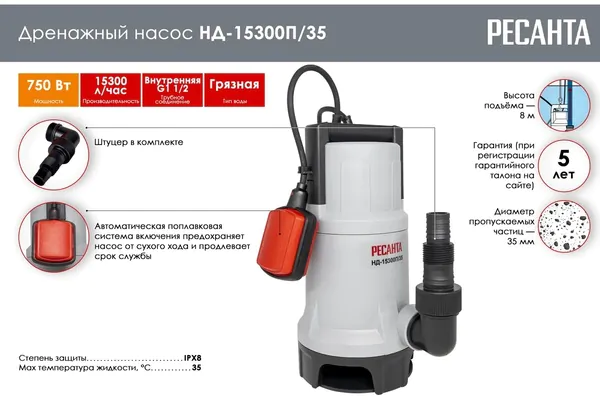 Насос дренажный Ресанта НД-15300П/35 77/2/7