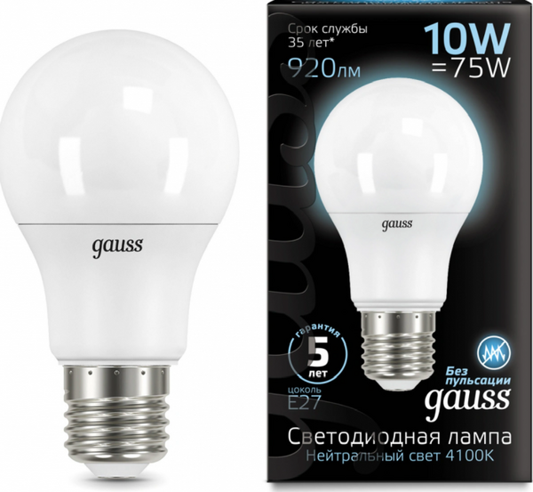Лампочка Gauss LED 10W E27 920lm 4100K A60 102502210